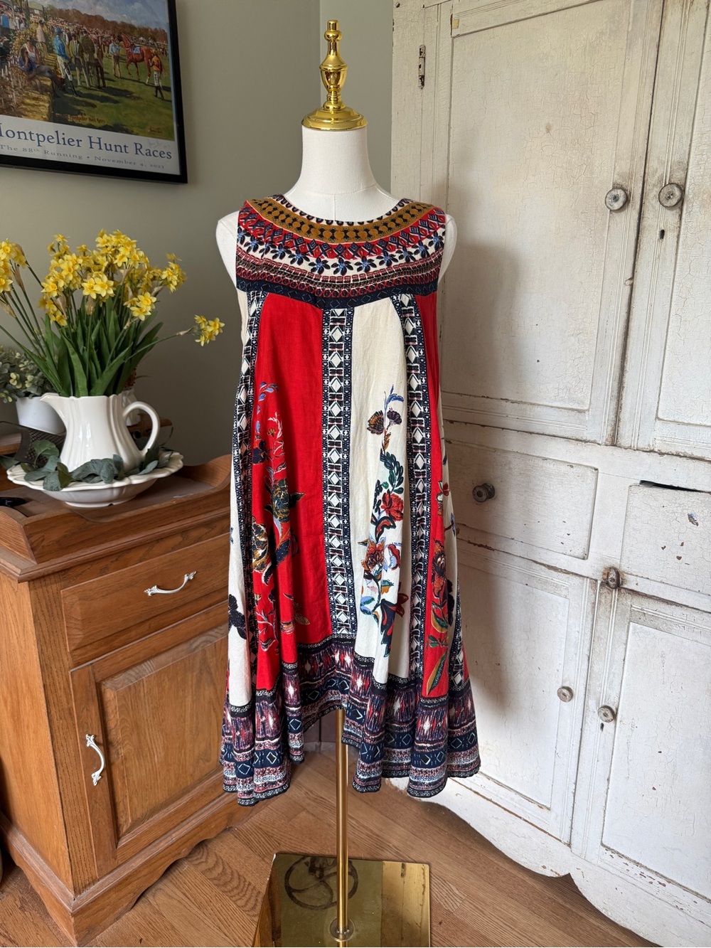 Anthropologie Red Cream Multicolor Boho Floral Swing Dress